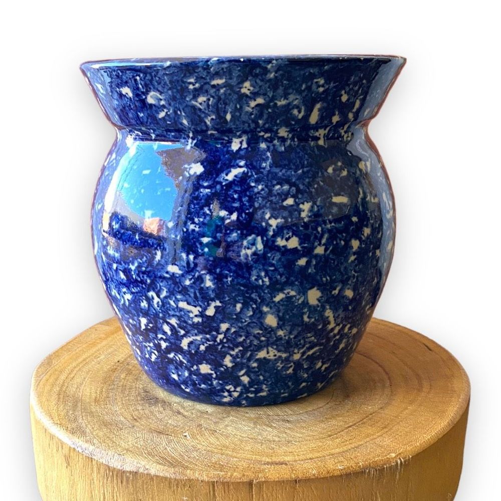 Large Vintage Stoneware Jug Crock Vase Handmade and Hand Painted Spongewear
